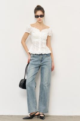 Sleeve heart neck shirring blouse