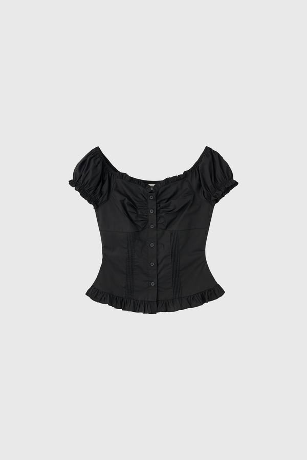 Sleeve heart neck shirring blouse