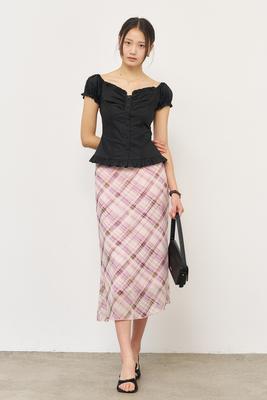 Sleeve heart neck shirring blouse