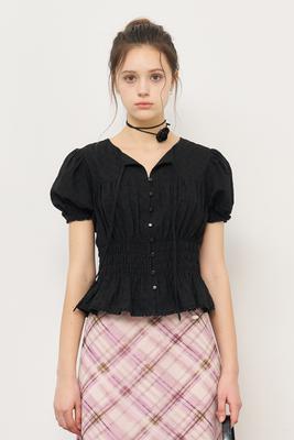 Flower shirring puff blouse