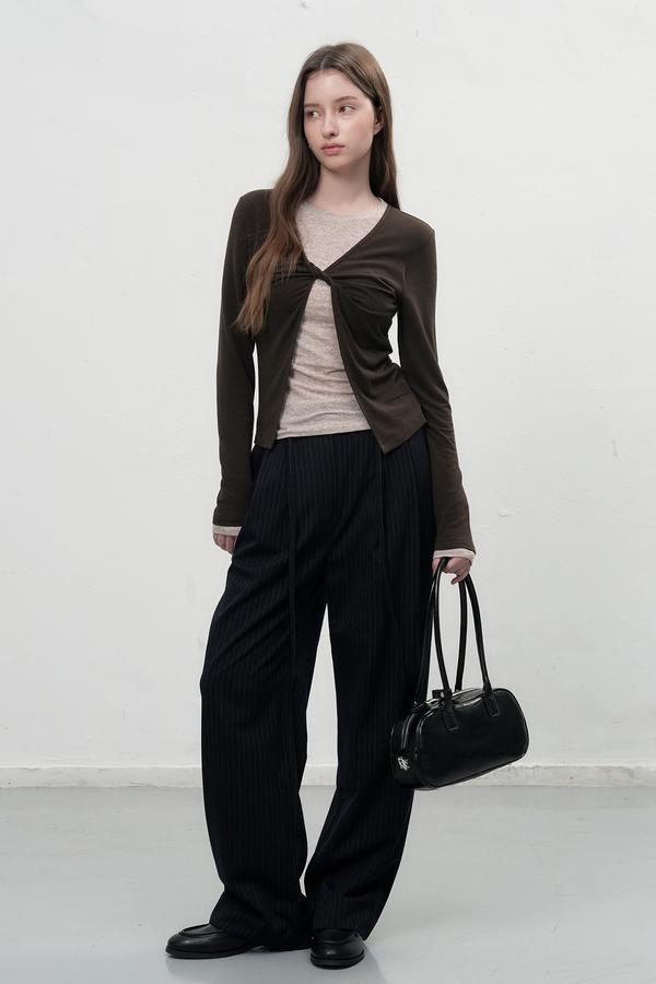 Belted Striped Wide Slacks