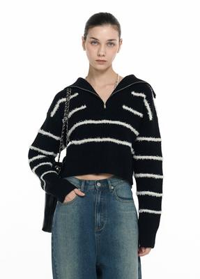 Striped Half Zip-Up Hat Pullover 