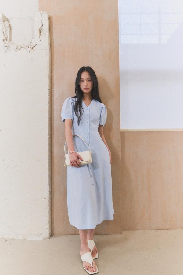 Striped V-neck puff long dress (Хүргэлт 5/24)