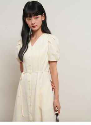 Striped V-neck puff long dress