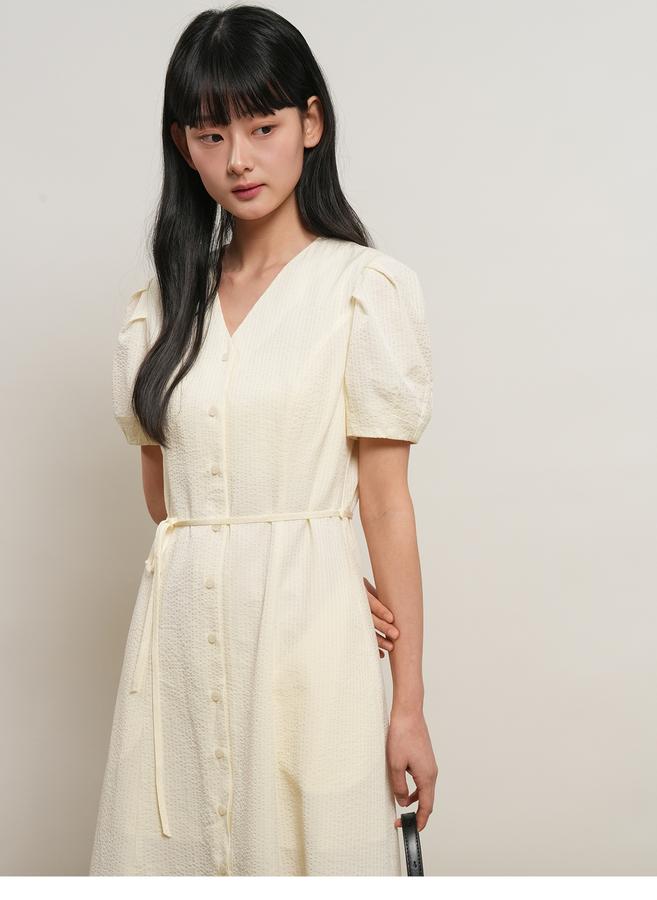 Striped V-neck puff long dress