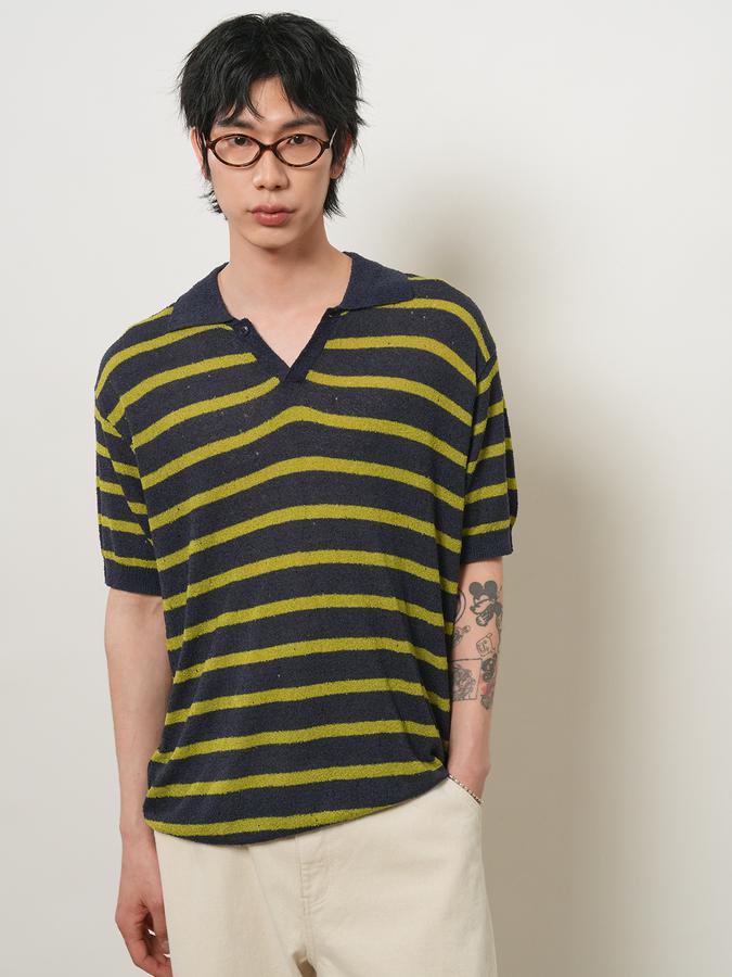 UNISEX One-Button Collar Striped Half Knit