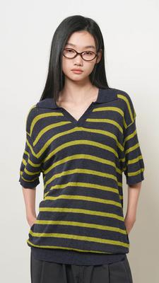 UNISEX One-Button Collar Striped Half Knit