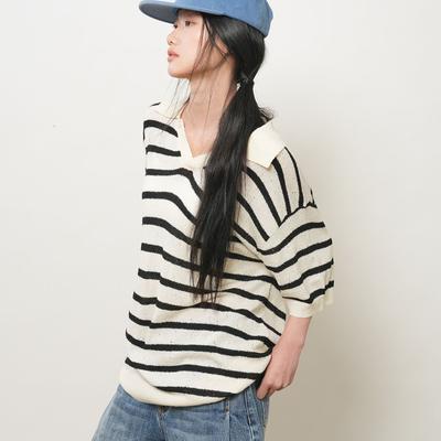 UNISEX One-Button Collar Striped Half Knit