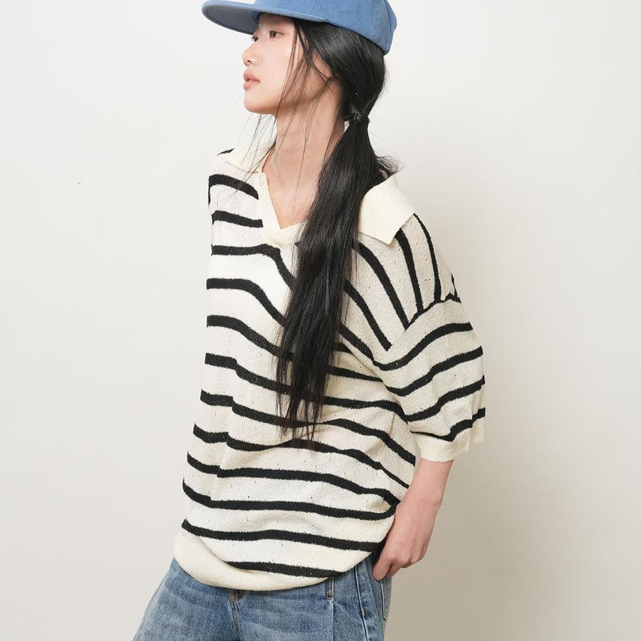 UNISEX One-Button Collar Striped Half Knit