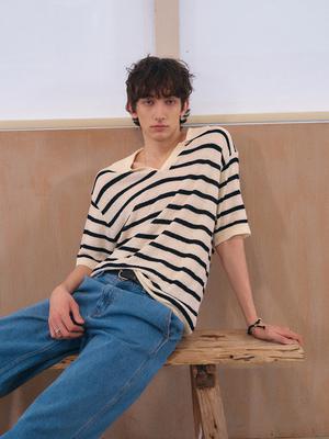UNISEX One-Button Collar Striped Half Knit