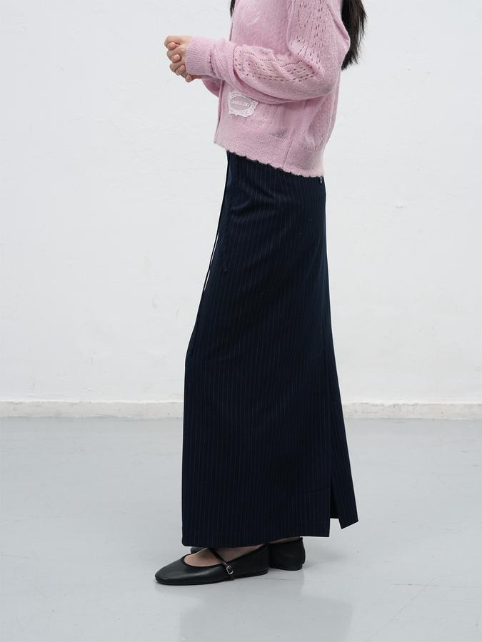 Belted H-line Striped Maxi Long Skirt