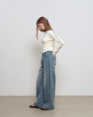 Snap detail wide denim pants