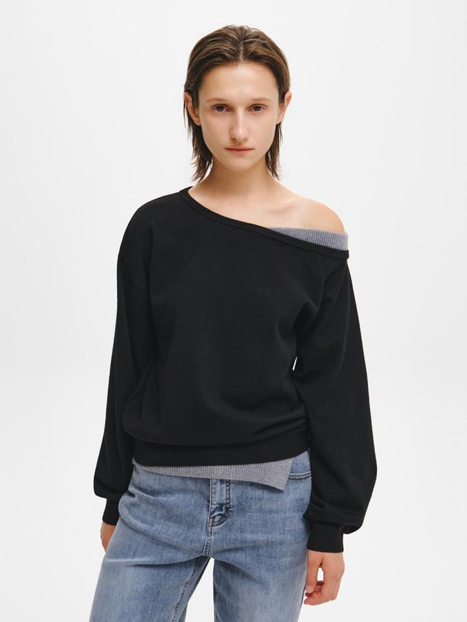 One-shoulder layered knit pullover