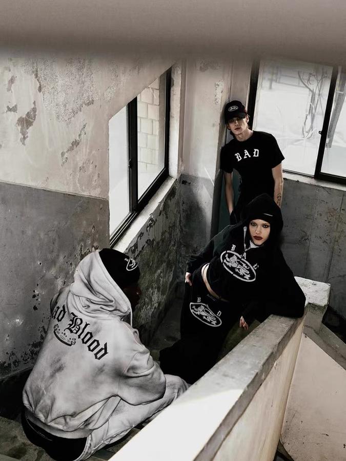 BADBLOOD Lion Patch Hoodie - Washed Black / White 