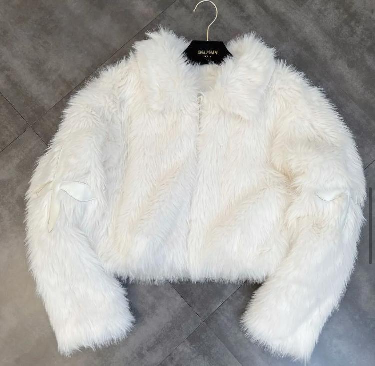 Cross-Stitched Faux Fur Jaket White