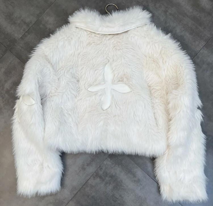 Cross-Stitched Faux Fur Jaket White
