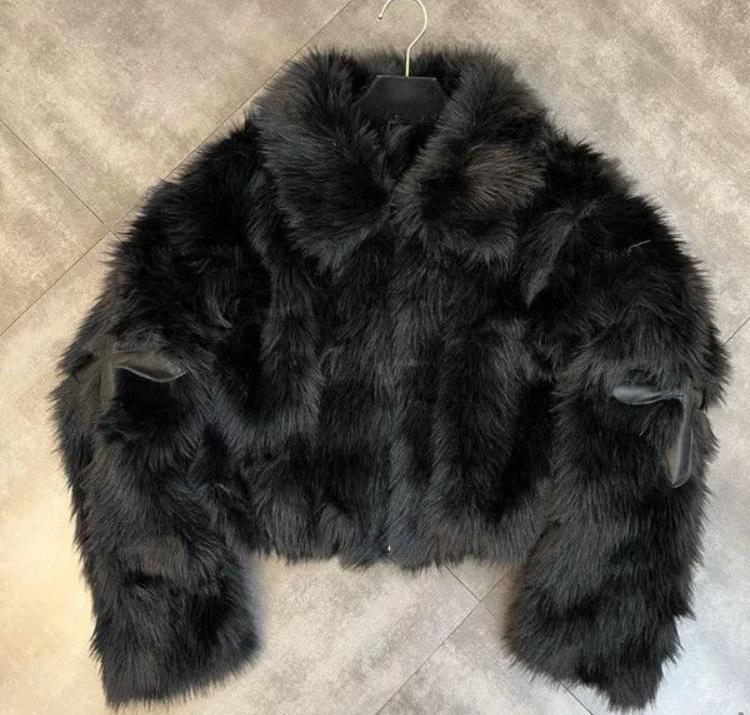 Cross-Stiched Faux Fur Jacked-Black