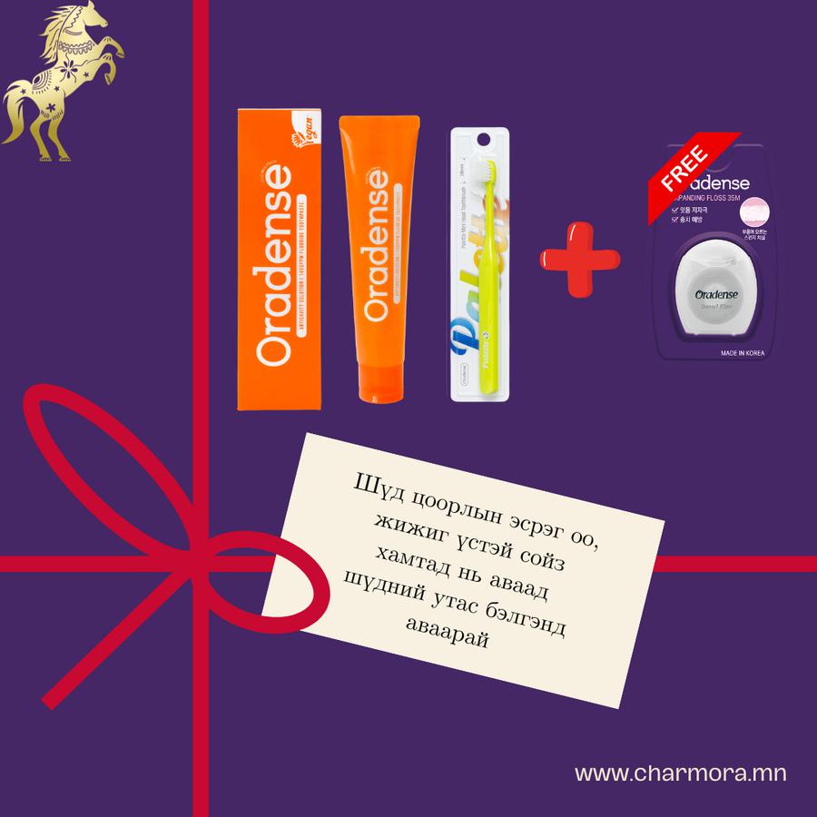 Шүд цоорлын эсрэг оо 100г, жижиг үстэй сойз 1ш, шүдний утас 1ш