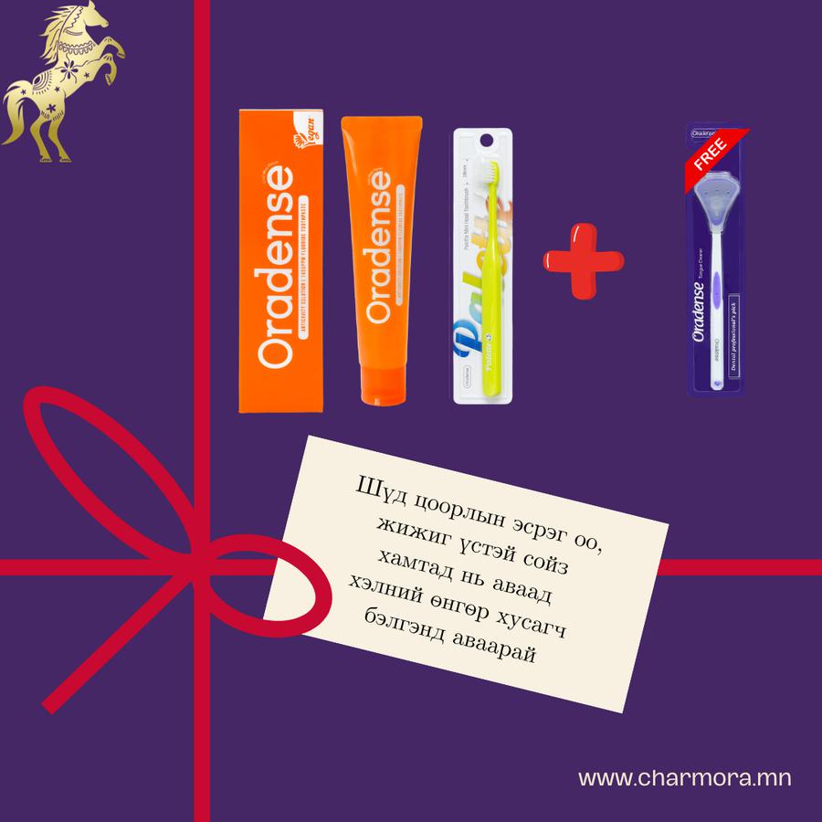 Шүд цоорлын эсрэг оо 100г, жижиг үстэй сойз 1ш, хэлний өнгөр хусагч 1ш