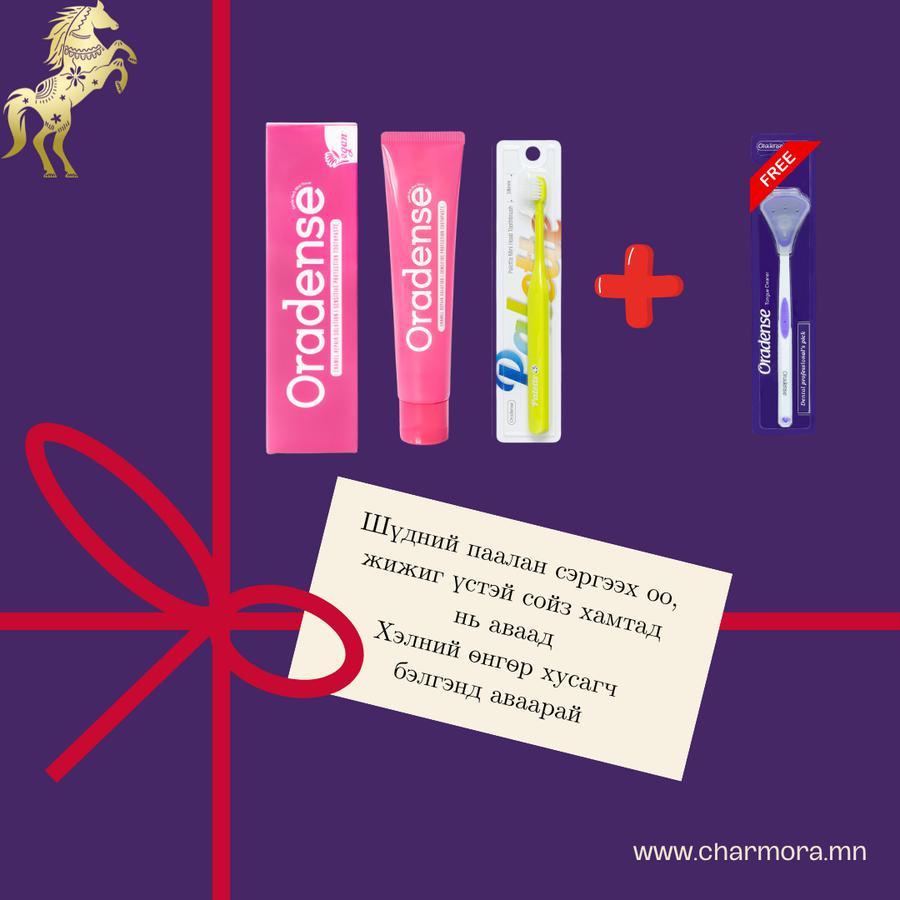 Шүдний паалан сэргээх оо 100г, жижиг үстэй сойз 1ш, хэлний өнгөр хусагч 1ш